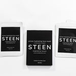 STEEN unisex hydrating face mask set with six individually wrapped sachets on white background