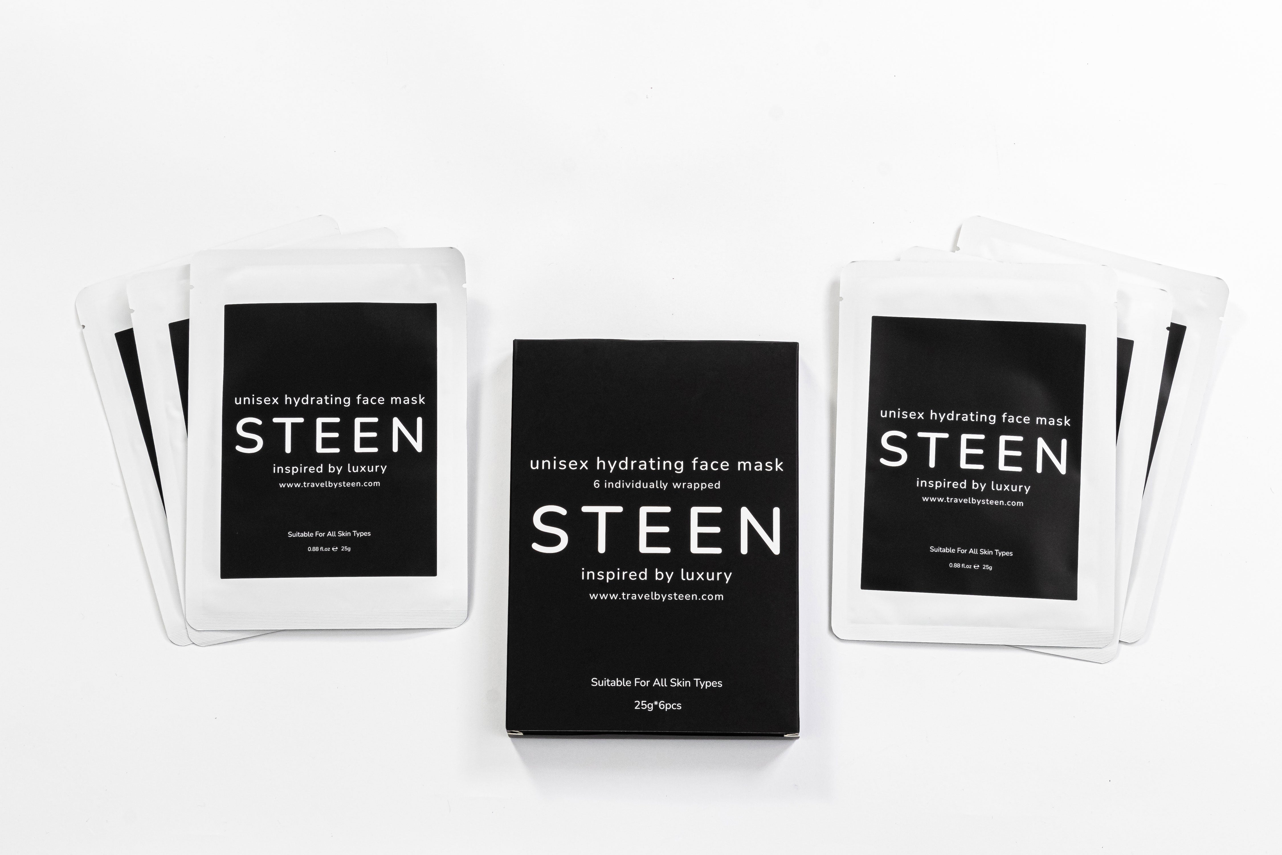 STEEN unisex hydrating face mask set with six individually wrapped sachets on white background