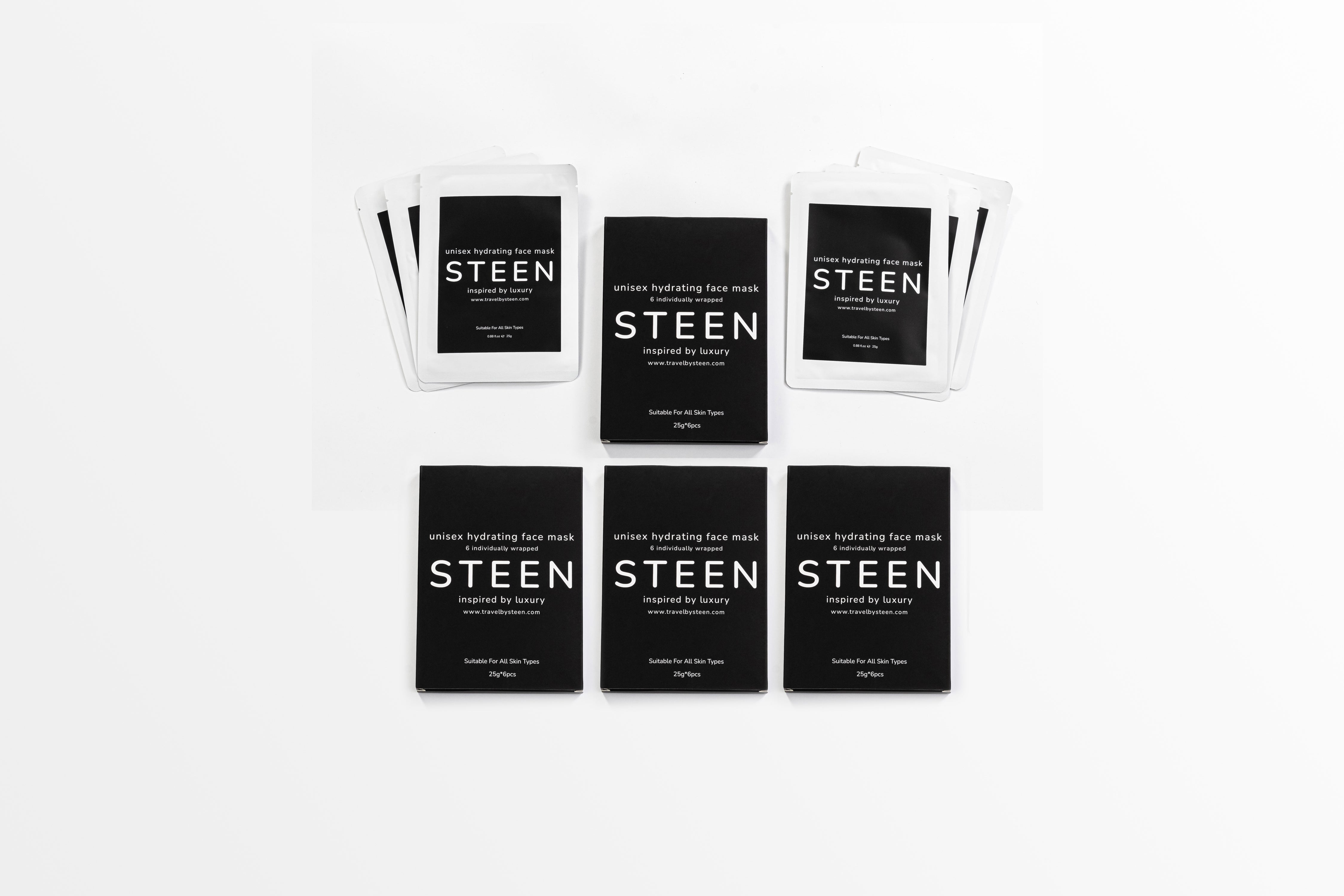 STEEN unisex hydrating face mask set of six, black and white minimalist packaging on white background