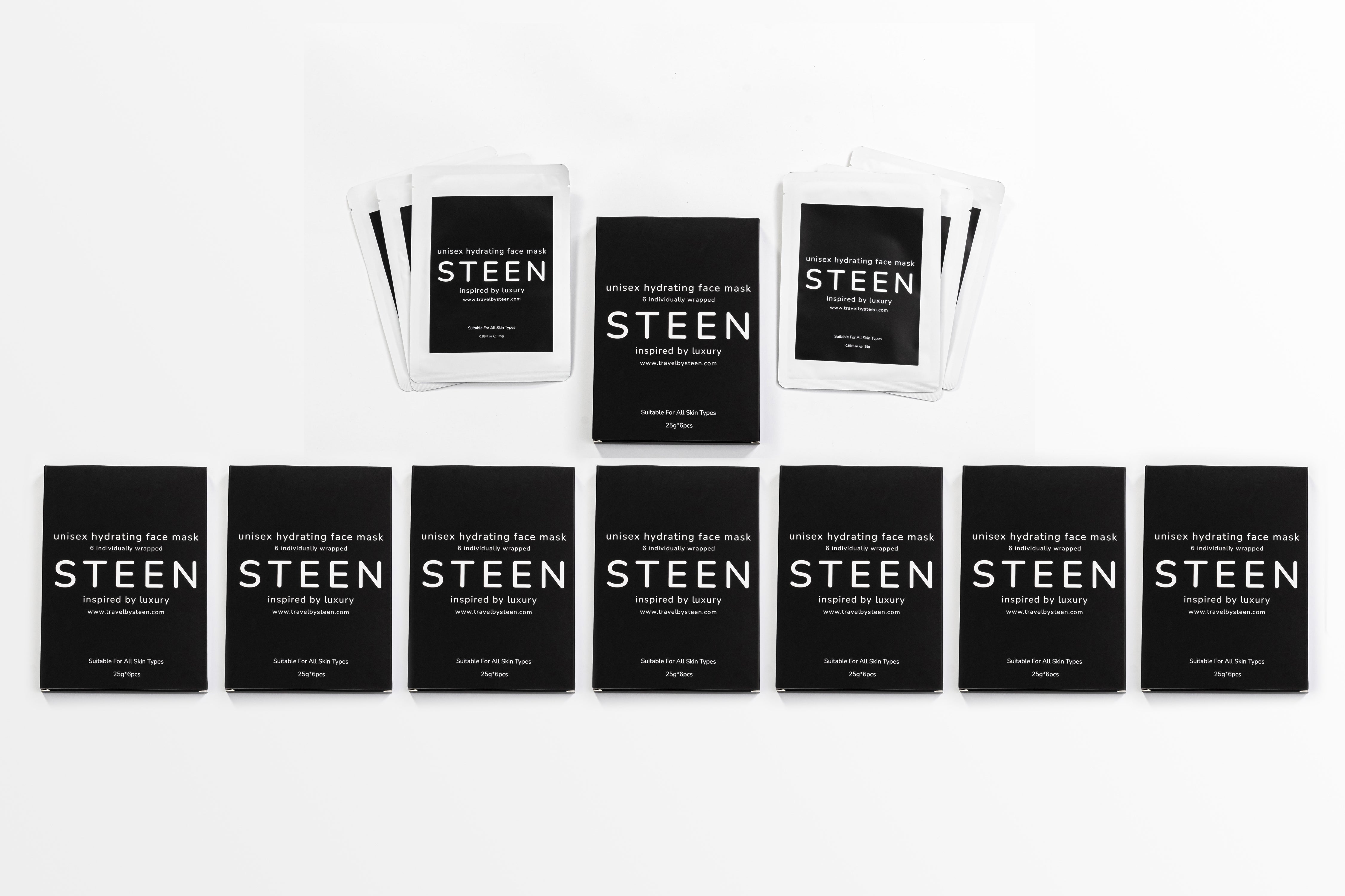 STeen unisex hydrating face mask boxes and packets displayed on white background.