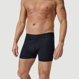 Man modeling black boxer briefs against a plain background for men's underwear fashion