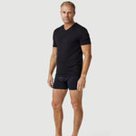 Man modeling black V-neck t-shirt and black boxer briefs on white background