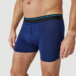 Man wearing navy blue boxer briefs with black waistband, underwear product photo