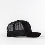Black mesh trucker hat with curved brim on white background