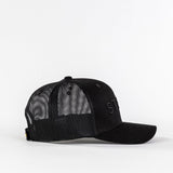 Black mesh trucker hat with curved brim on white background