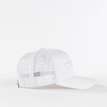 White mesh trucker hat with curved brim on a plain white background
