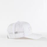 White mesh trucker hat with curved brim on a plain white background