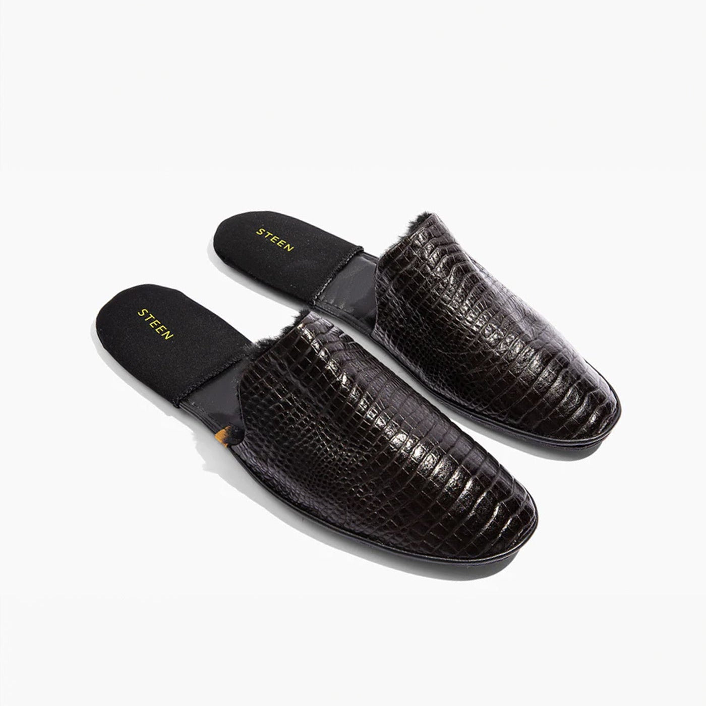 Men’s Crocodile Embossed Leather Foldable Slippers with Eco-Fur