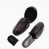 Men’s Crocodile Embossed Leather Foldable Slippers with Eco-Fur