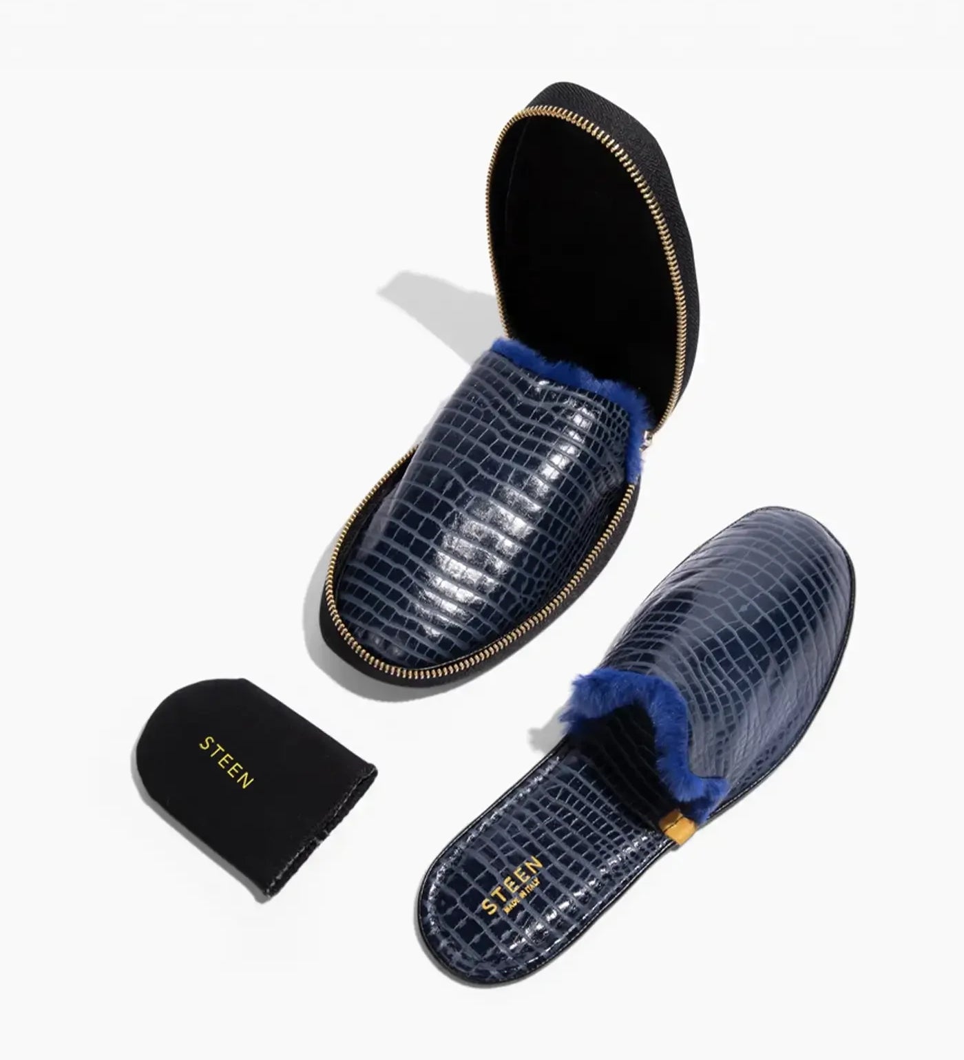 Men's navy fur slippers with crocodile pattern and detachable heel cover by STEEN