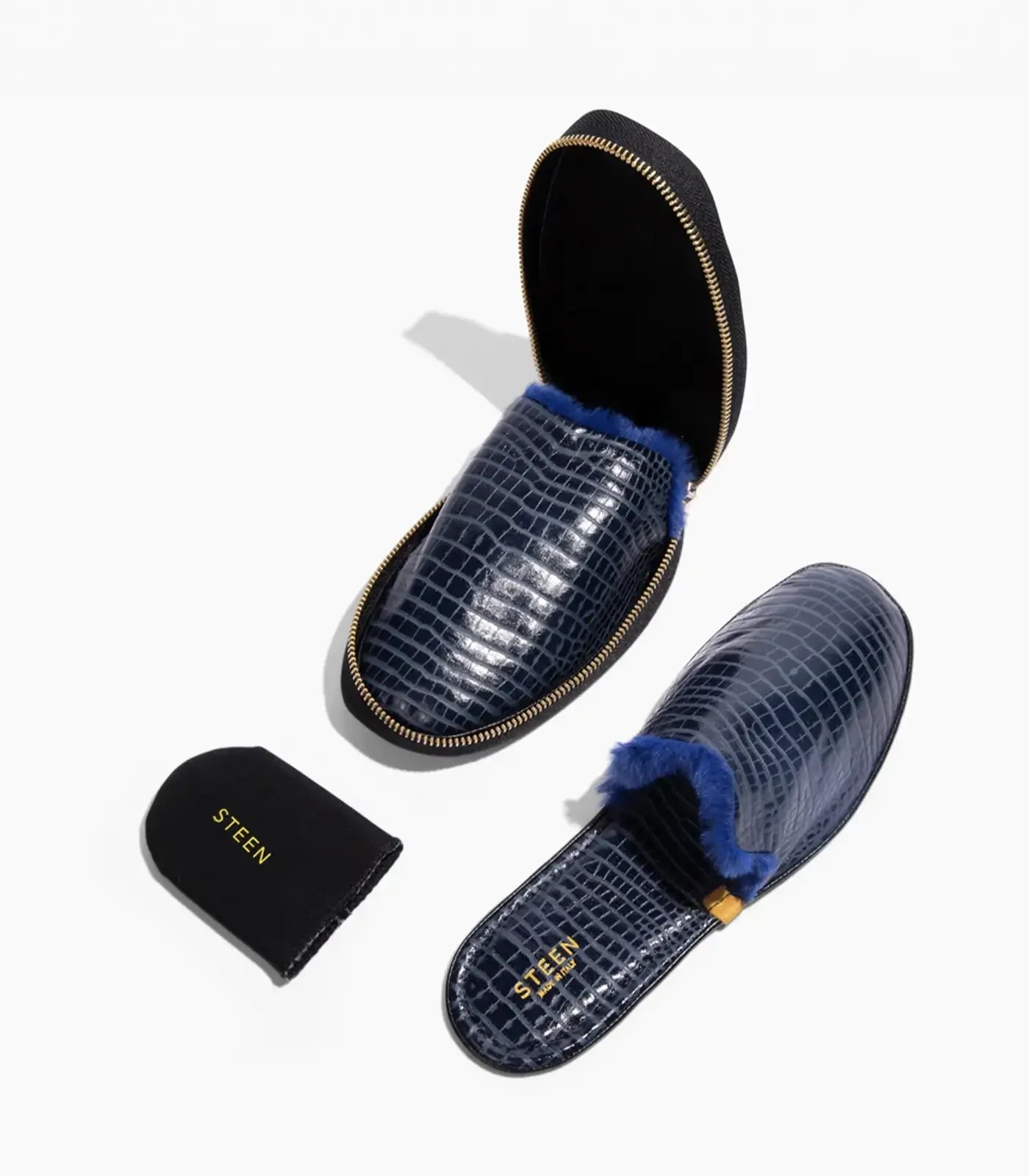 Men's navy fur slippers with crocodile pattern and detachable heel cover by STEEN