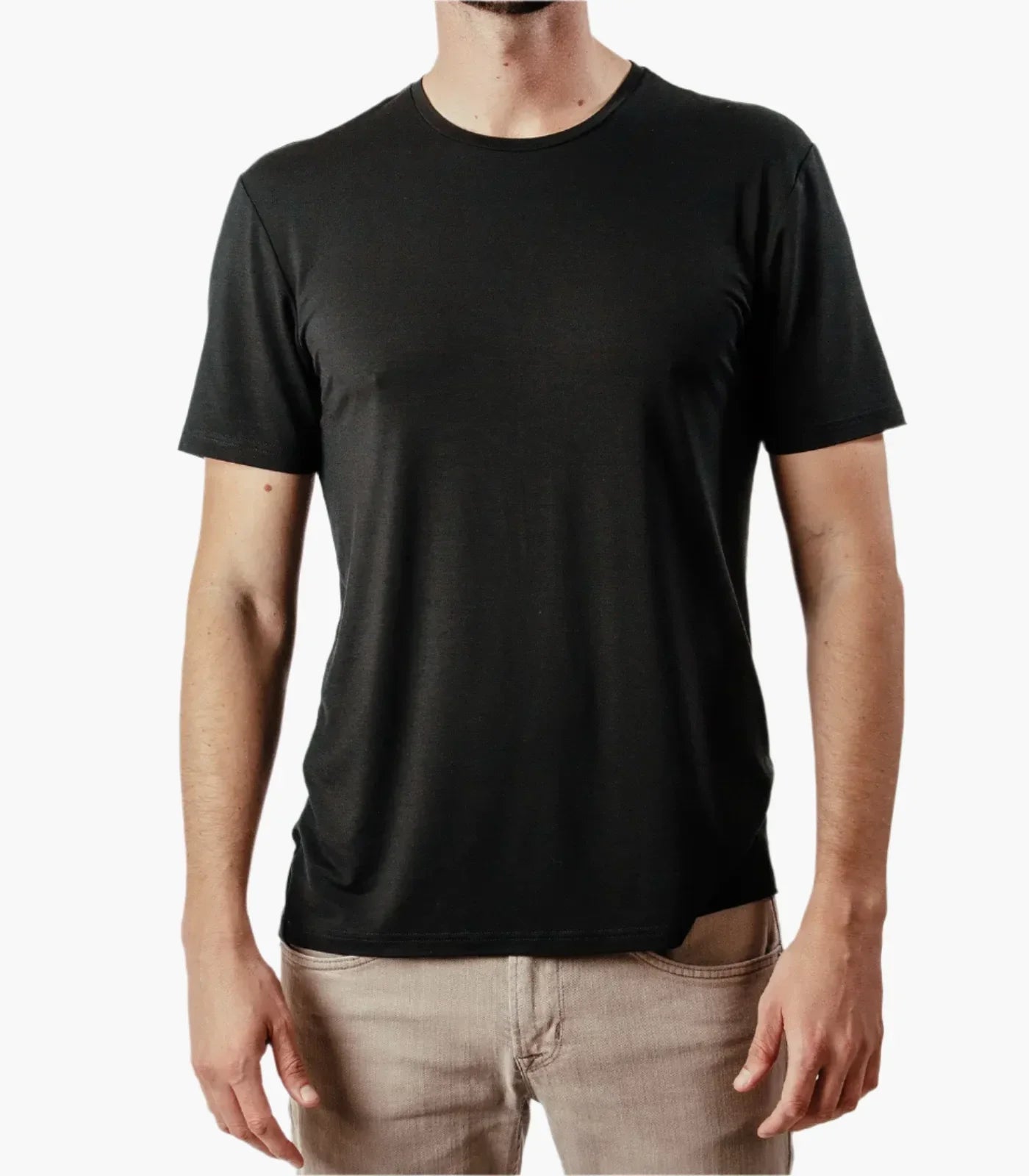 Man wearing plain black short sleeve t-shirt front view on white background