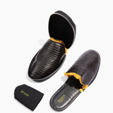 Women’s Crocodile Embossed Leather Foldable Slippers with Eco-Fur