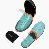 Women’s Crocodile Embossed Leather Foldable Slippers with Eco-Fur