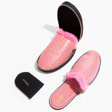 Women’s Crocodile Embossed Leather Foldable Slippers with Eco-Fur