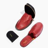 Women’s Crocodile Embossed Leather Foldable Slippers with Eco-Fur