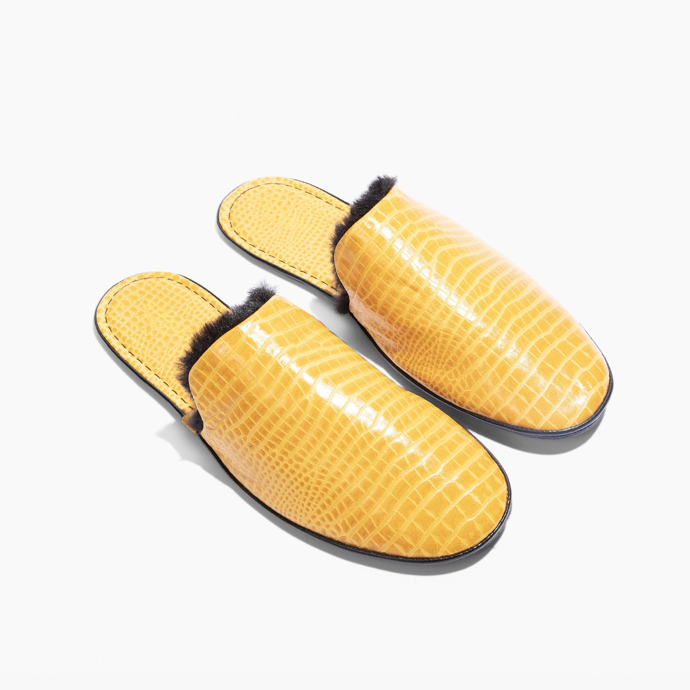 Women’s Crocodile Embossed Leather Foldable Slippers with Eco-Fur